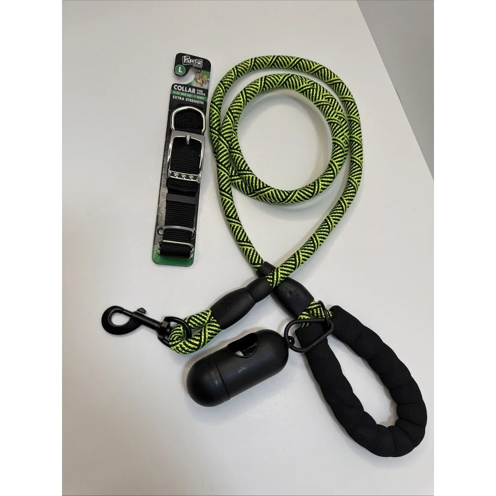 Braided Rope Leash Strong Reflective Lime Green 6ft  With Large Black Dog Collar